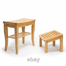 Bamboo Shower Bench Chair with Foot Stool and Free Soap Dish, Wood Spa Bath