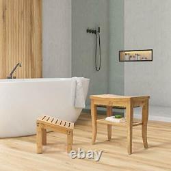 Bamboo Shower Bench Chair with Foot Stool and Free Soap Dish, Wood Spa Bath