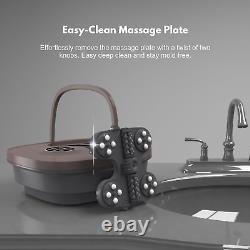 Massageur de bain de pieds pliable avec chaleur, rouleaux motorisés et masque détachable.